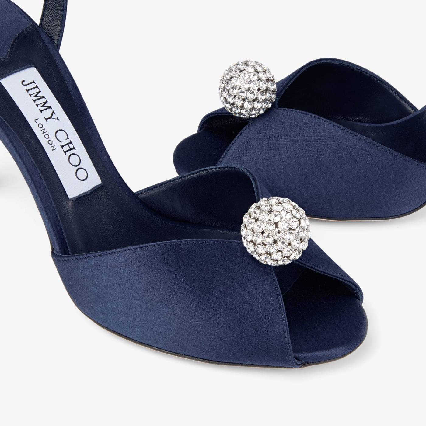 Sacora 85 Marine Satin Sandals with Crystal-Embellished Sphere