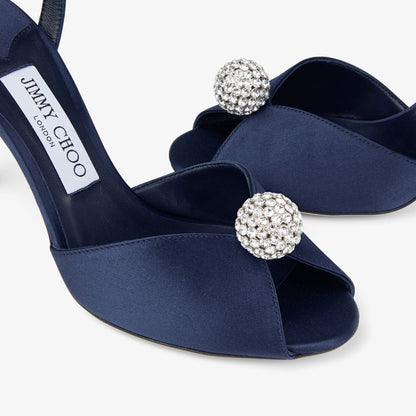 Sacora 85 Marine Satin Sandals with Crystal-Embellished Sphere