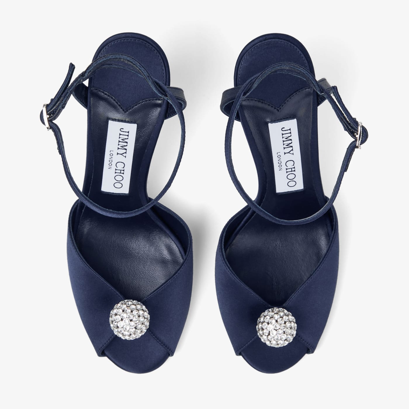 Sacora 85 Marine Satin Sandals with Crystal-Embellished Sphere