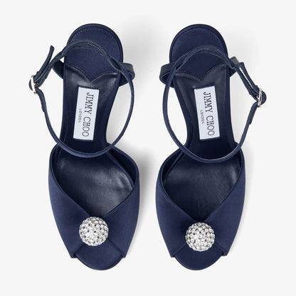 Sacora 85 Marine Satin Sandals with Crystal-Embellished Sphere