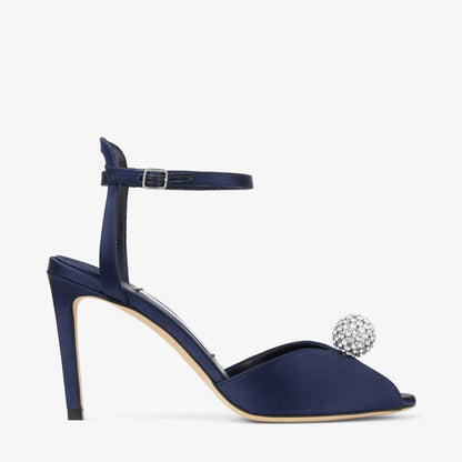 Sacora 85 Marine Satin Sandals with Crystal-Embellished Sphere