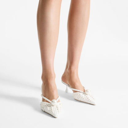 Sana Mule 50 White Satin Mule with Pearl Embellishments