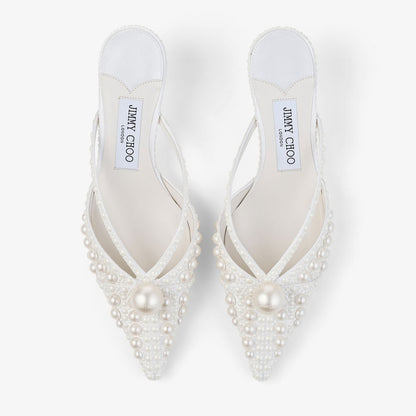 Sana Mule 50 White Satin Mule with Pearl Embellishments