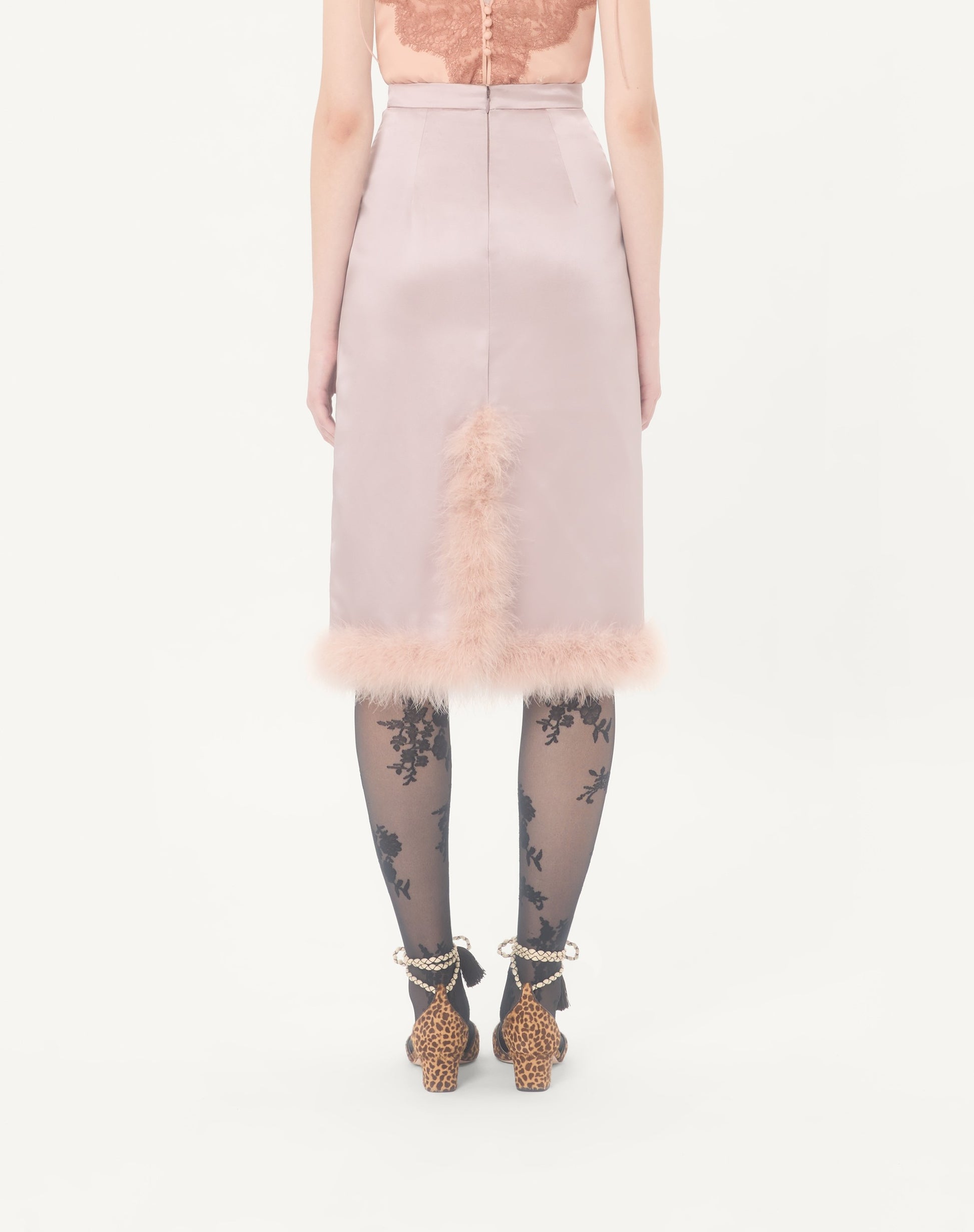 Satin Midi Skirt With Feathers