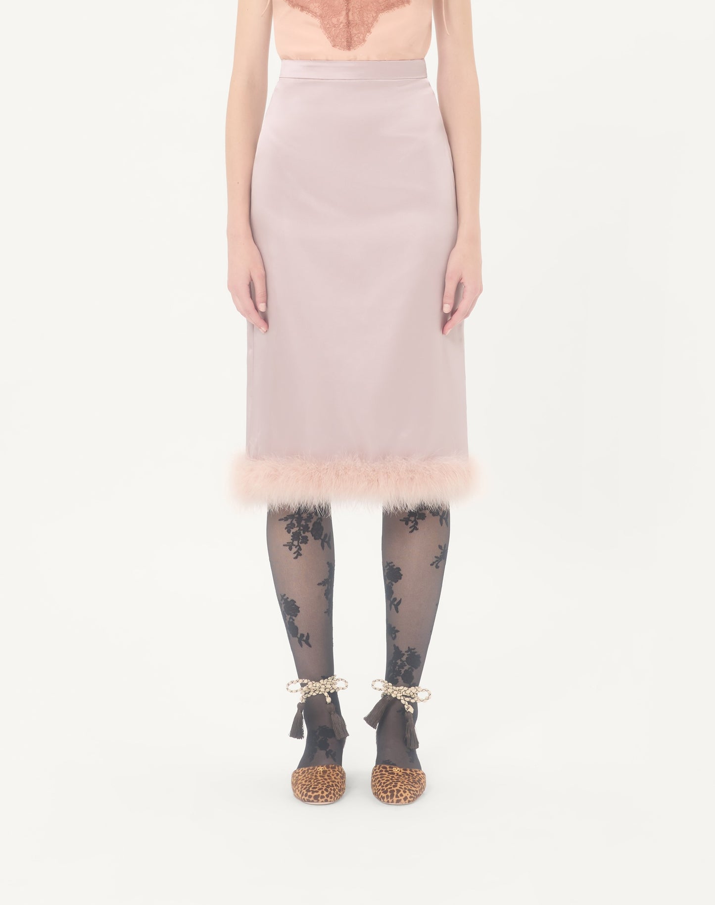 Satin Midi Skirt With Feathers