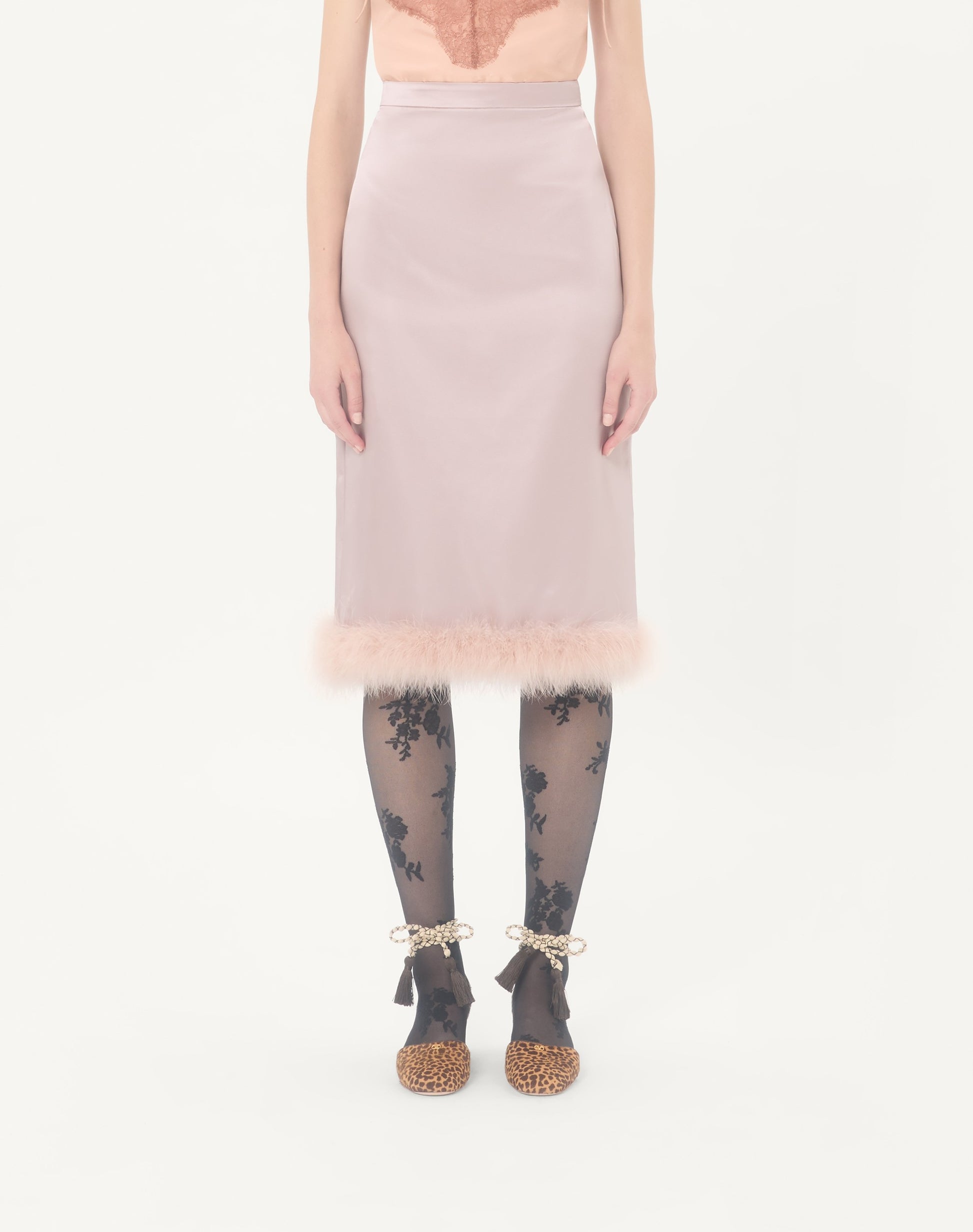 Satin Midi Skirt With Feathers