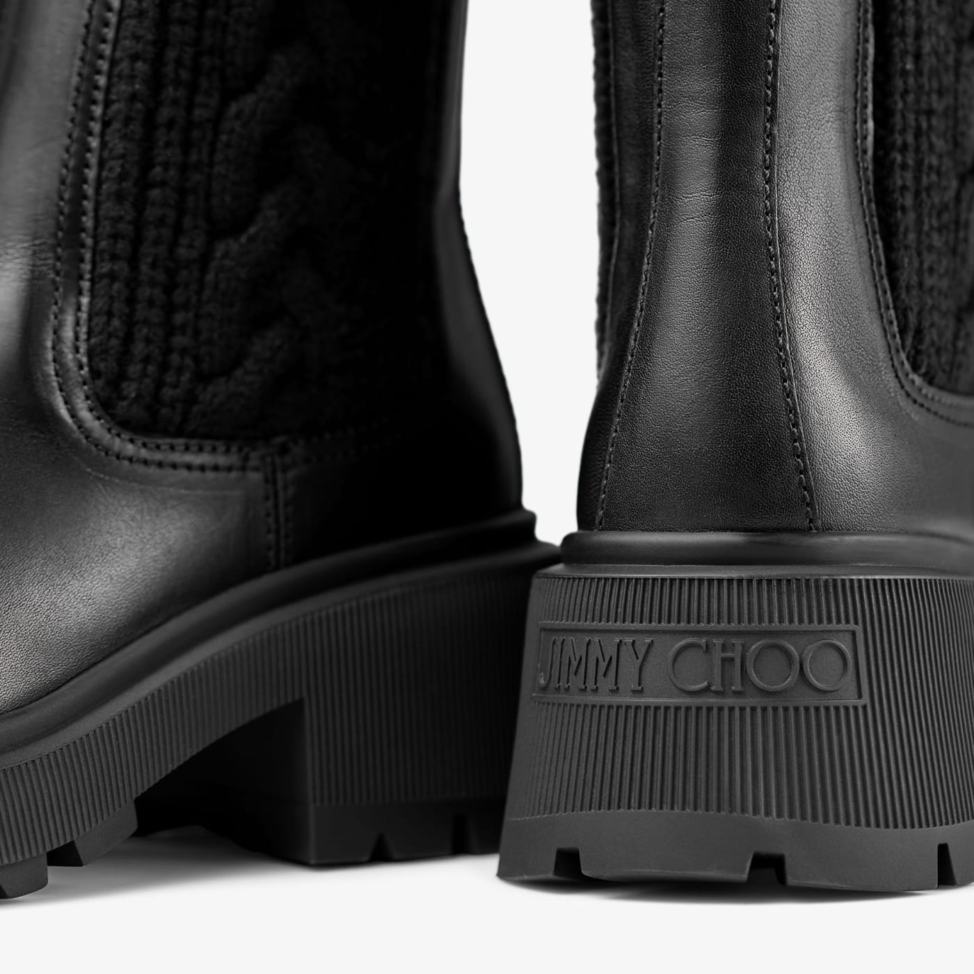 Tamia Flat Black Shiny Calf Leather Ankle Boots with Cable Knit