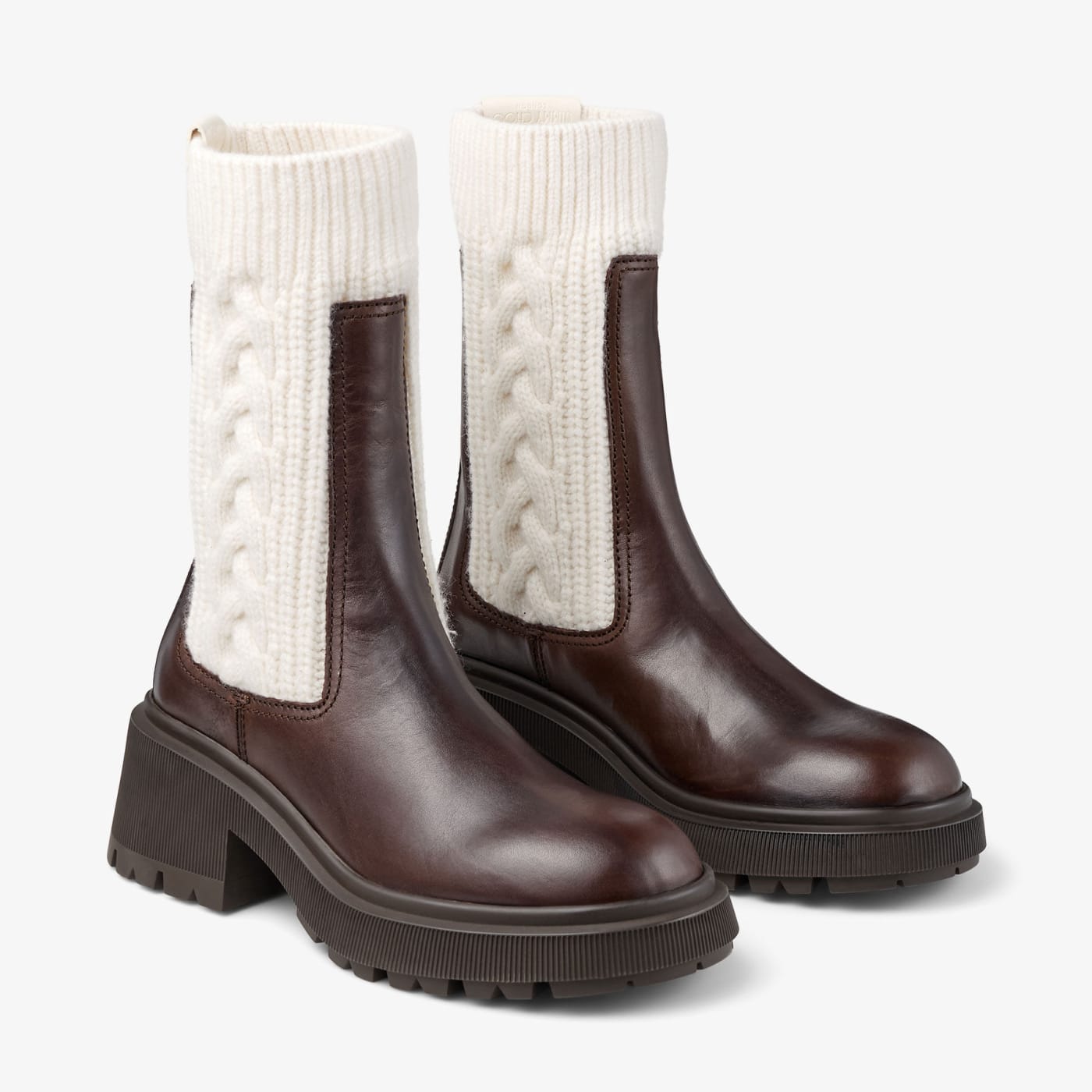 Tamia Flat Chocolate Shiny Calf Leather Ankle Boots with Cable Knit