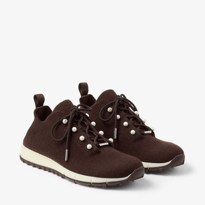 Veles Chocolate Cashmere Melange Knit Trainers with Pearl Buttons