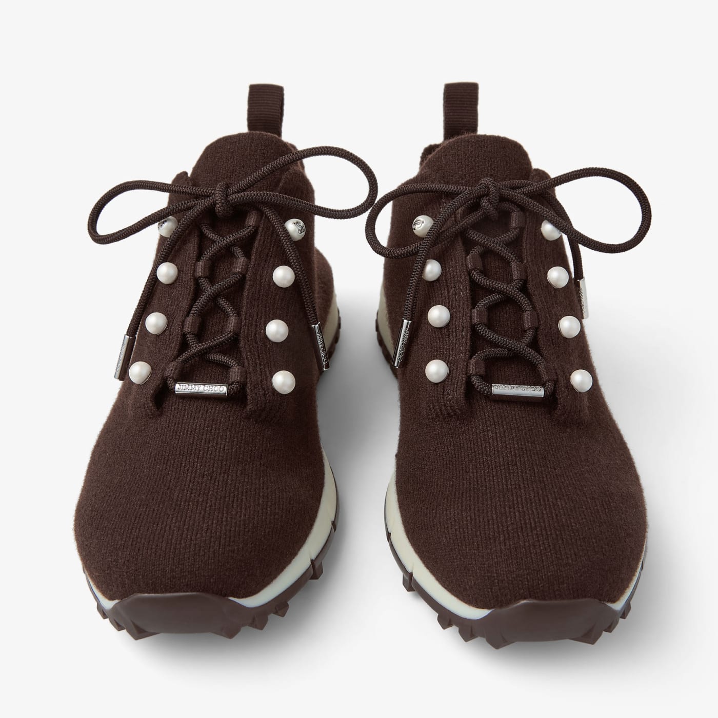 Veles Chocolate Cashmere Melange Knit Trainers with Pearl Buttons