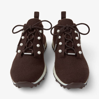 Veles Chocolate Cashmere Melange Knit Trainers with Pearl Buttons