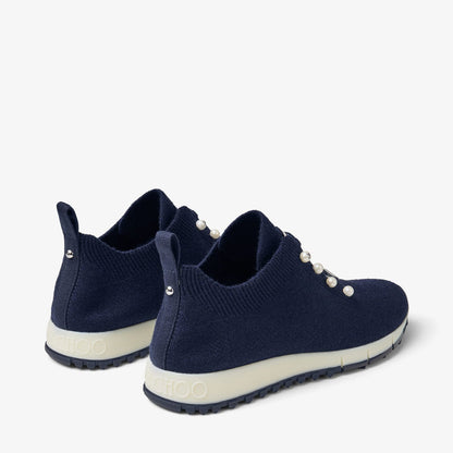 Veles Marine Cashmere Melange Knit Trainers with Pearl Buttons