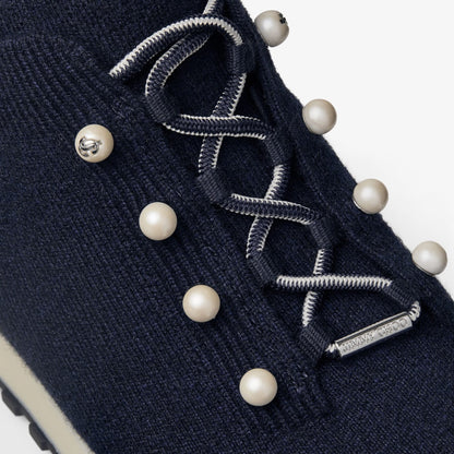 Veles Marine Cashmere Melange Knit Trainers with Pearl Buttons