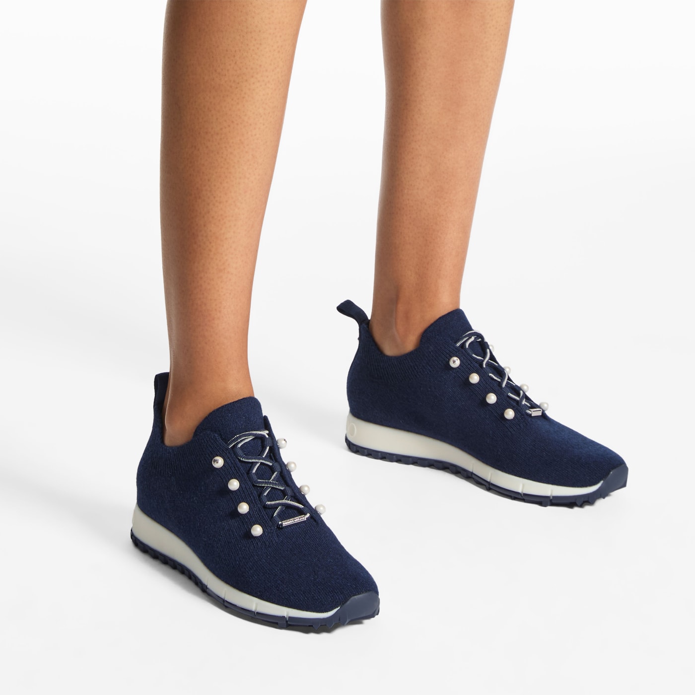 Veles Marine Cashmere Melange Knit Trainers with Pearl Buttons