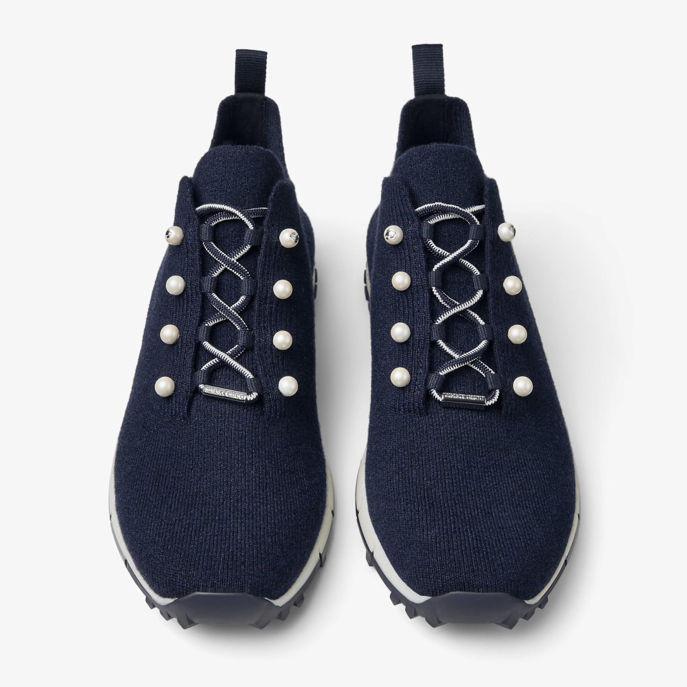 Veles Marine Cashmere Melange Knit Trainers with Pearl Buttons