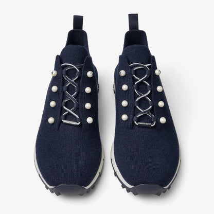 Veles Marine Cashmere Melange Knit Trainers with Pearl Buttons