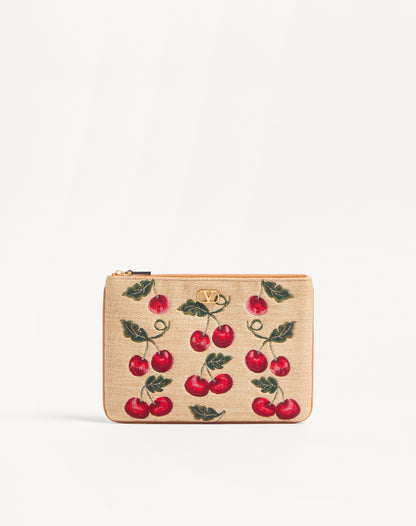 Vlogo Signature Pouch In Jacquard Raffia With Cherryfic Pattern
