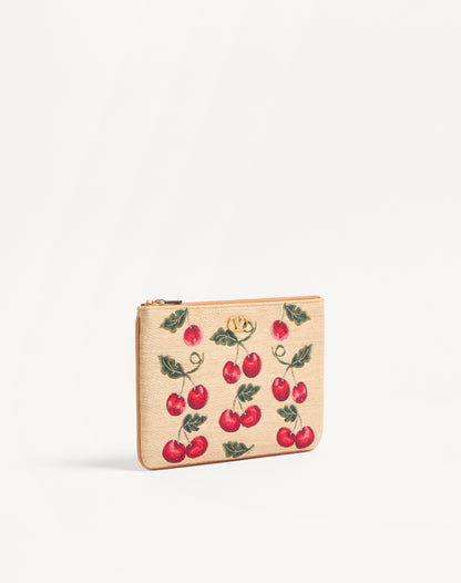 Vlogo Signature Pouch In Jacquard Raffia With Cherryfic Pattern
