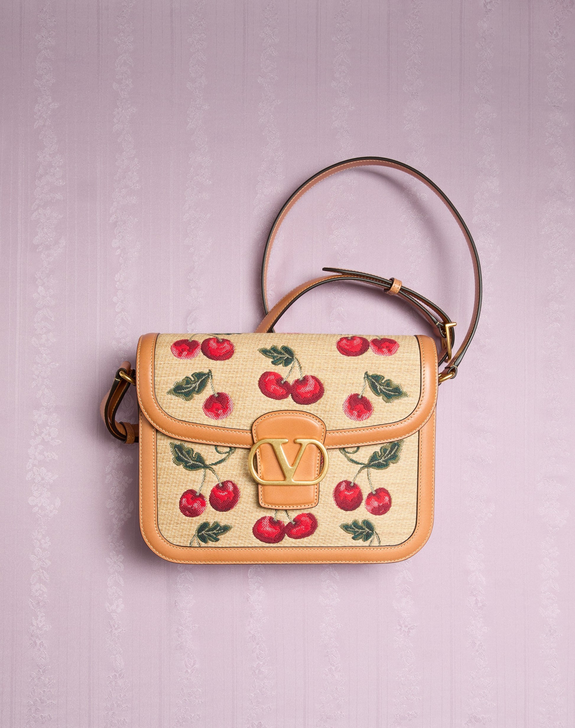 Valentino Garavani 9to5 Shoulder Bag In Jacquard Raffia With Cherryfic Motif