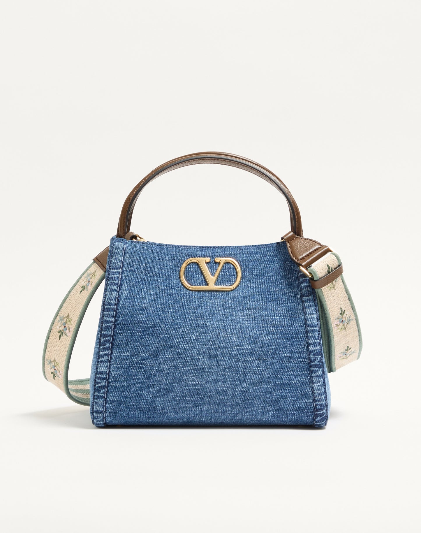 Valentino Garavani Alltime Medium Handbag In Denim With Embroidered Strap