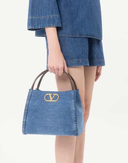 Valentino Garavani Alltime Medium Handbag In Denim With Embroidered Strap