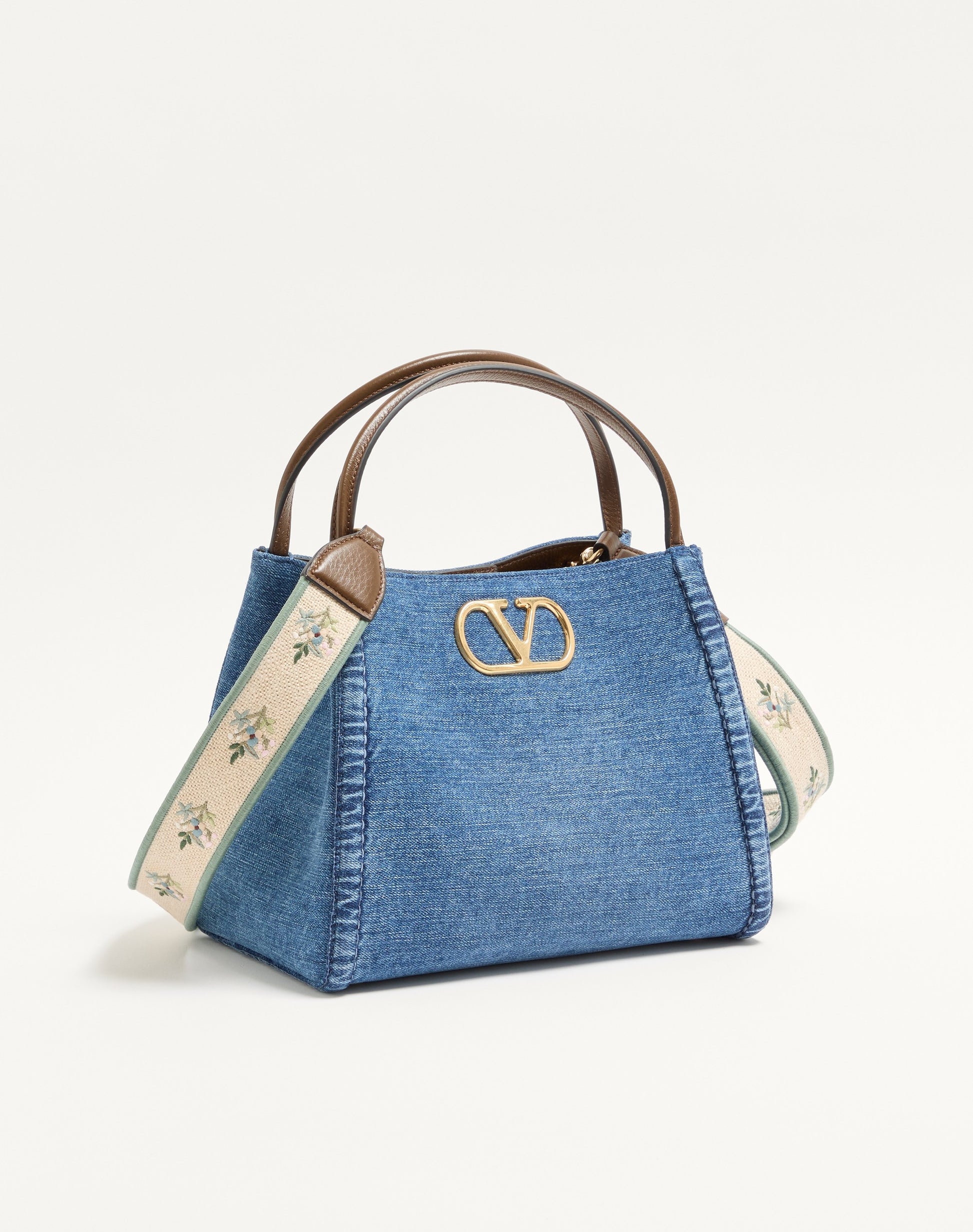 Valentino Garavani Alltime Medium Handbag In Denim With Embroidered Strap