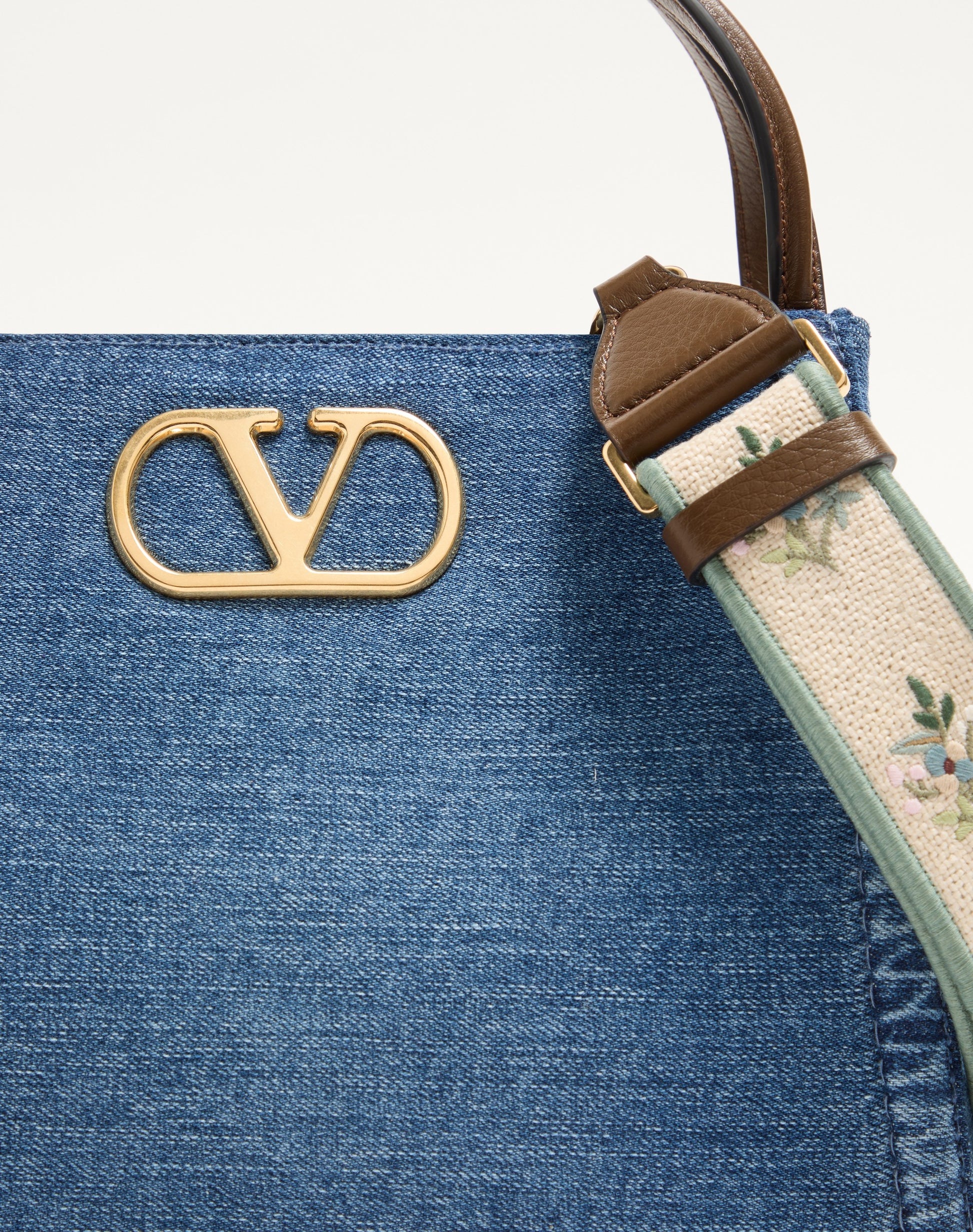 Valentino Garavani Alltime Medium Handbag In Denim With Embroidered Strap