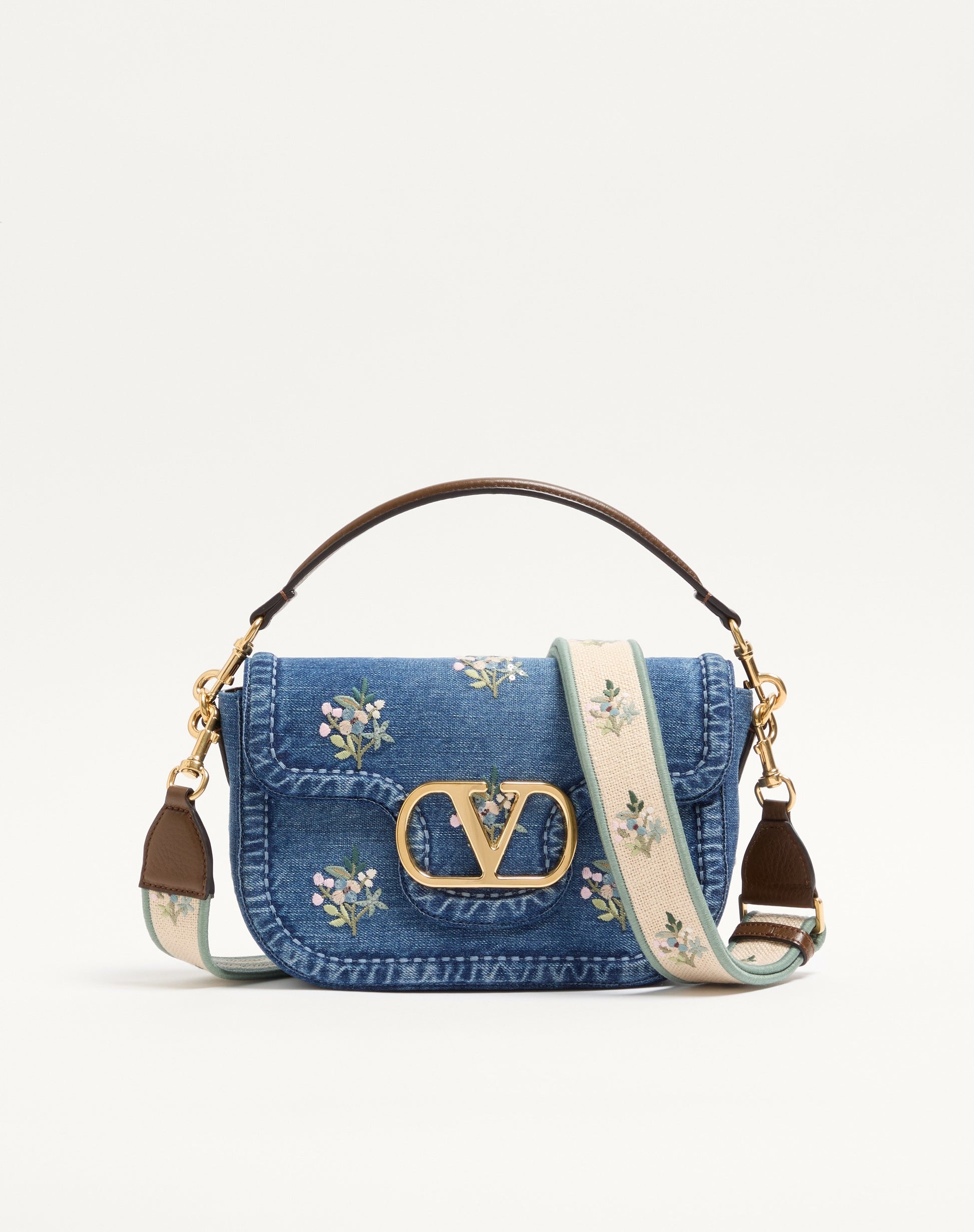 Valentino Garavani Alltime Medium Shoulder Bag In Embroidered Denim With Embroidered Ribbon Strap