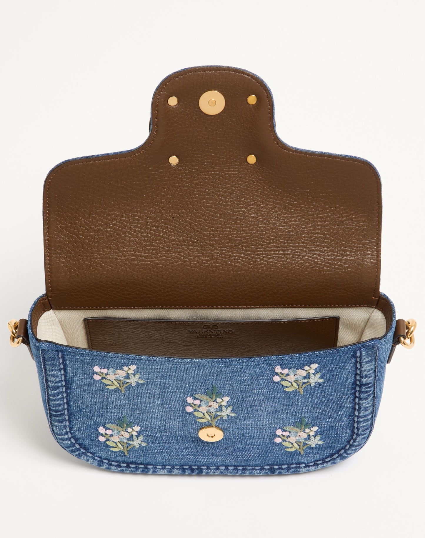 Valentino Garavani Alltime Medium Shoulder Bag In Embroidered Denim With Embroidered Ribbon Strap