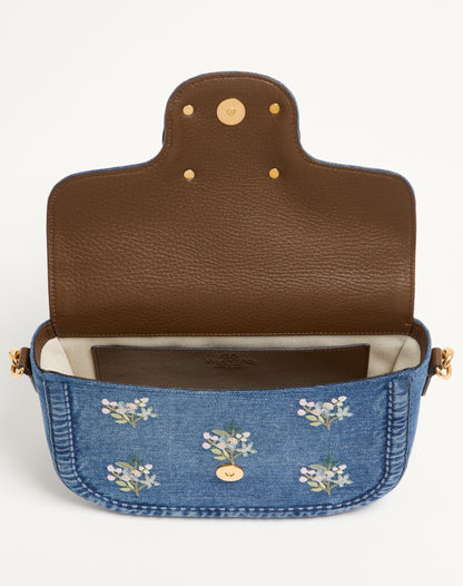 Valentino Garavani Alltime Medium Shoulder Bag In Embroidered Denim With Embroidered Ribbon Strap