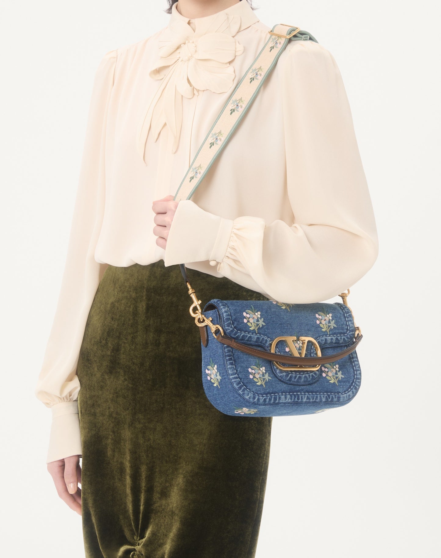 Valentino Garavani Alltime Medium Shoulder Bag In Embroidered Denim With Embroidered Ribbon Strap
