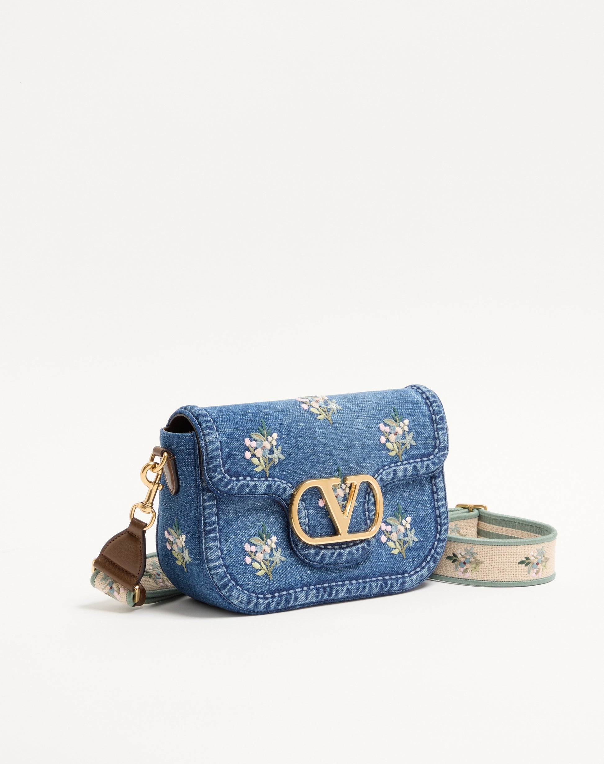 Valentino Garavani Alltime Medium Shoulder Bag In Embroidered Denim With Embroidered Ribbon Strap