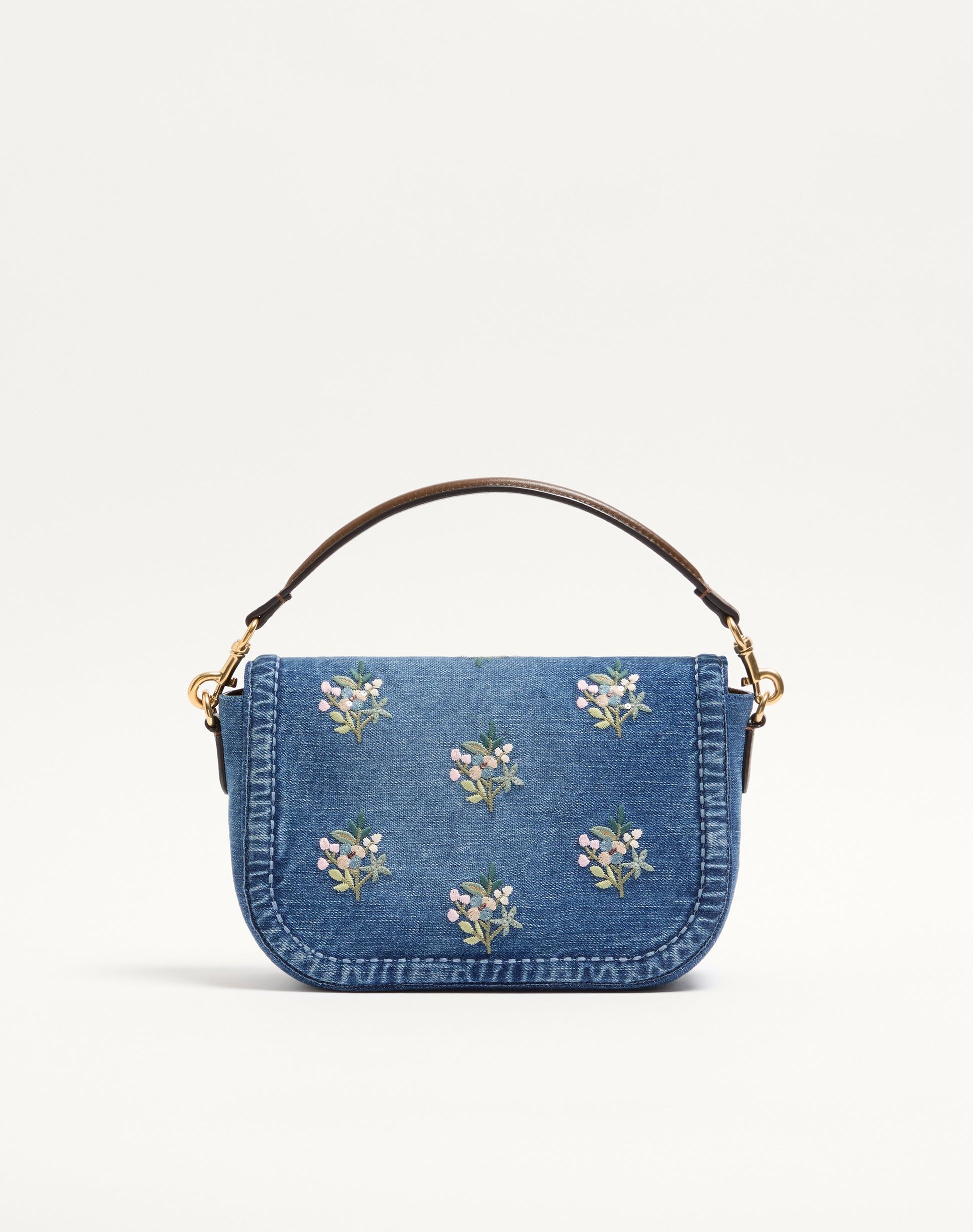 Valentino Garavani Alltime Medium Shoulder Bag In Embroidered Denim With Embroidered Ribbon Strap