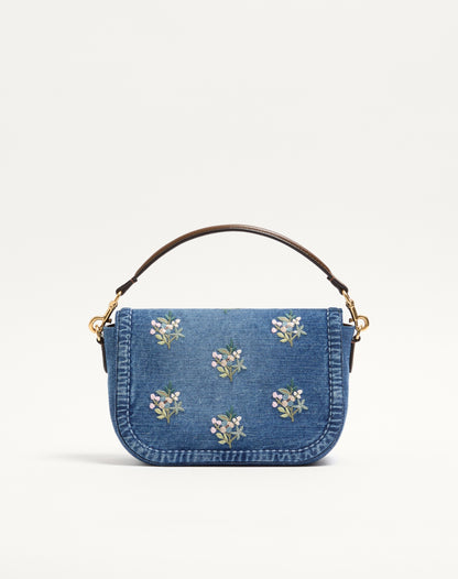 Valentino Garavani Alltime Medium Shoulder Bag In Embroidered Denim With Embroidered Ribbon Strap