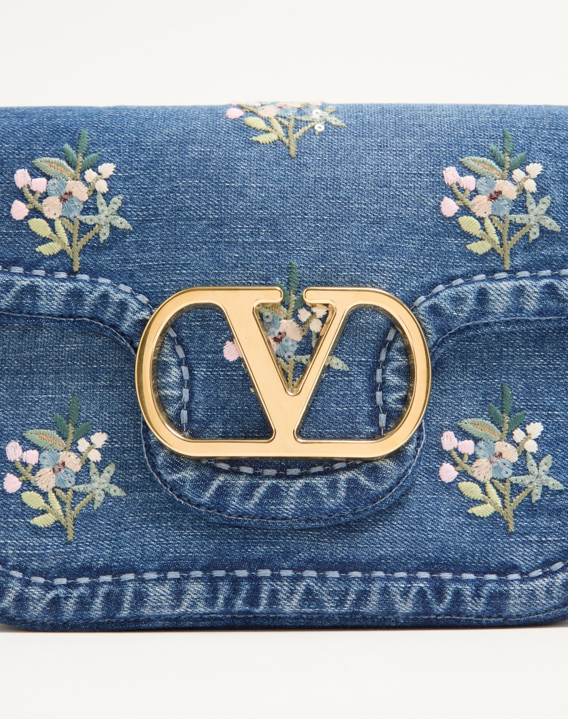 Valentino Garavani Alltime Medium Shoulder Bag In Embroidered Denim With Embroidered Ribbon Strap