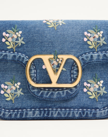 Valentino Garavani Alltime Medium Shoulder Bag In Embroidered Denim With Embroidered Ribbon Strap