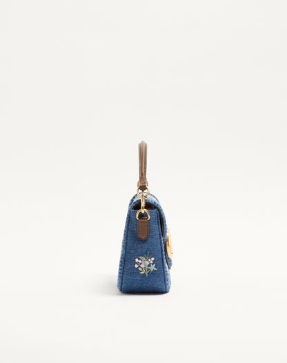Valentino Garavani Alltime Medium Shoulder Bag In Embroidered Denim With Embroidered Ribbon Strap