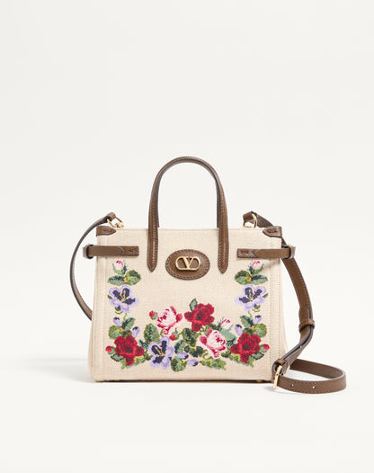 Valentino Garavani Antibes Small Embroidered Linen Shopping Bag