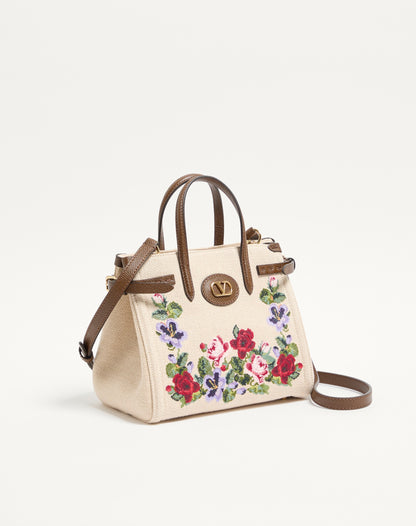 Valentino Garavani Antibes Small Embroidered Linen Shopping Bag