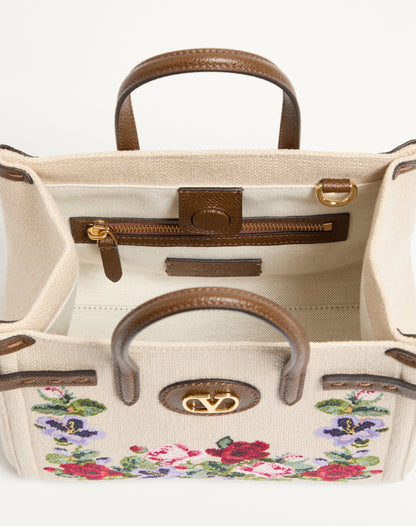 Valentino Garavani Antibes Small Embroidered Linen Shopping Bag