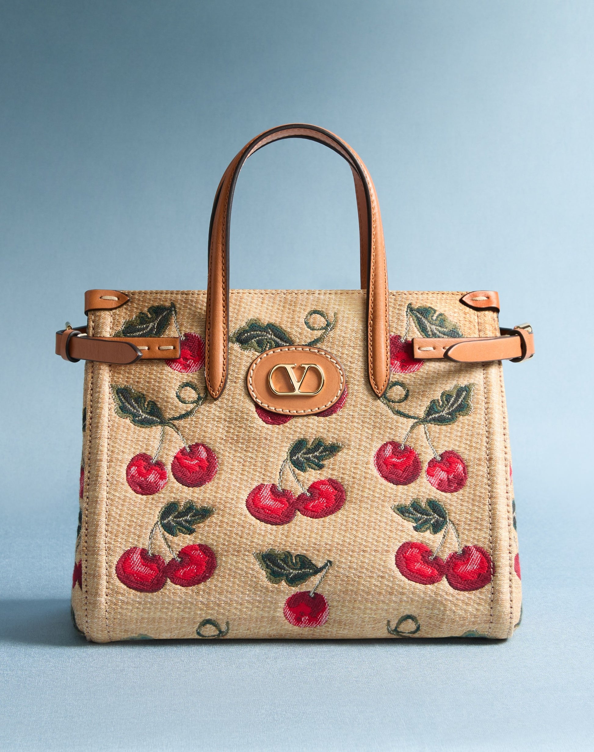 Valentino Garavani Antibes Small Shopping Bag In Jacquard Raffia With Cherryfic Pattern