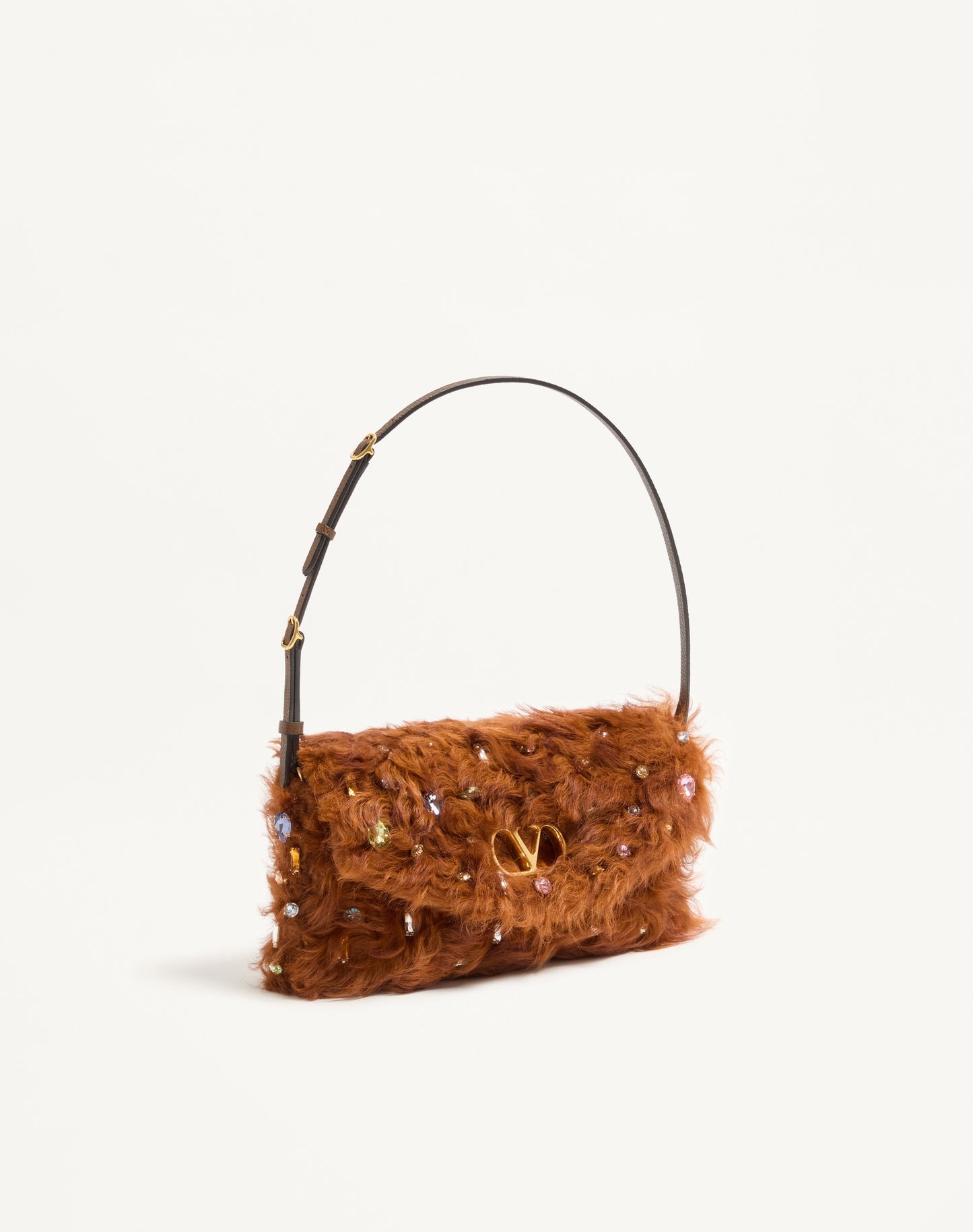Valentino Garavani Devain Small Shoulder Bag In Lamb Fur With Rhinestones.