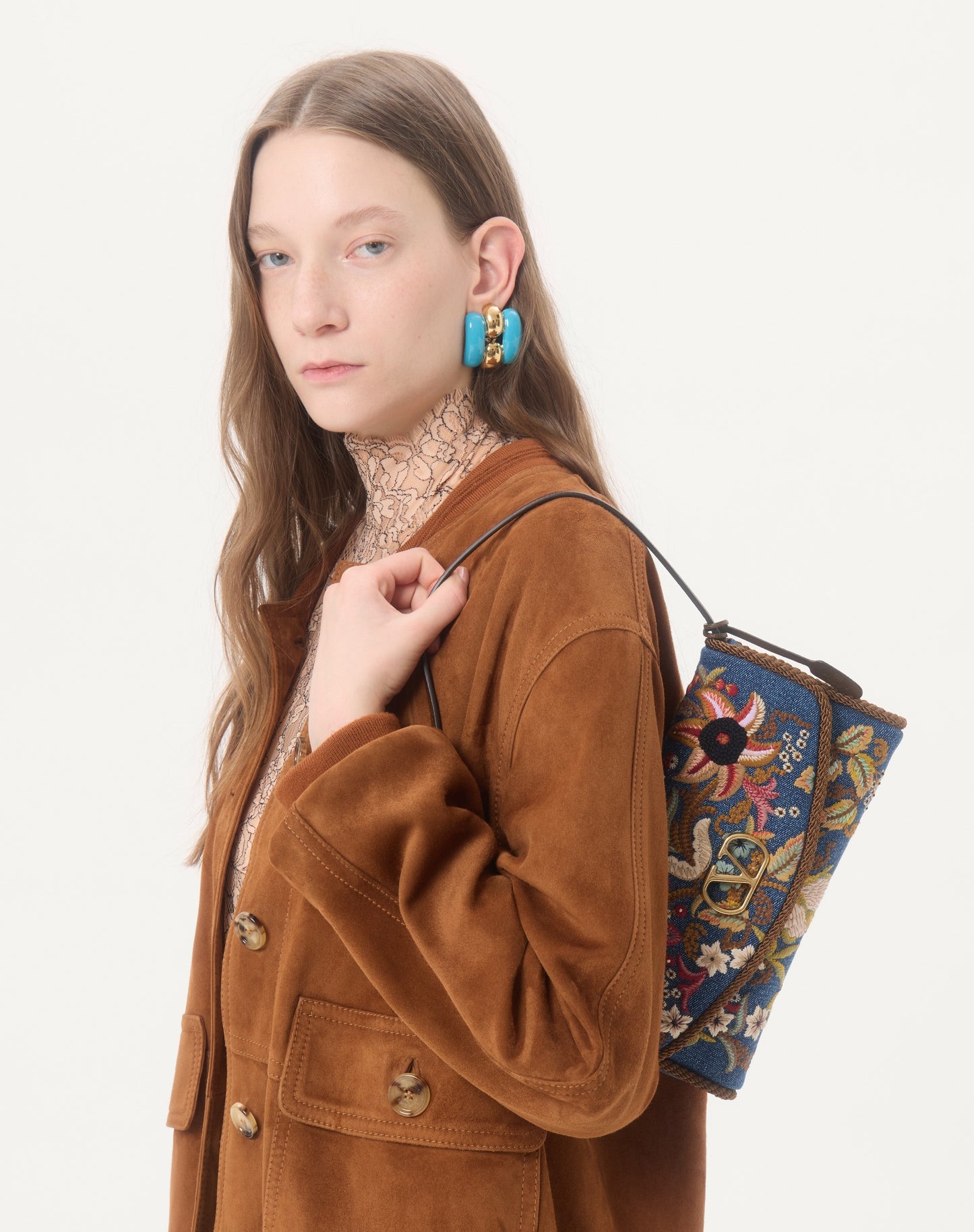 Valentino Garavani Devain Small Shoulder Bag In Embroidered Denim