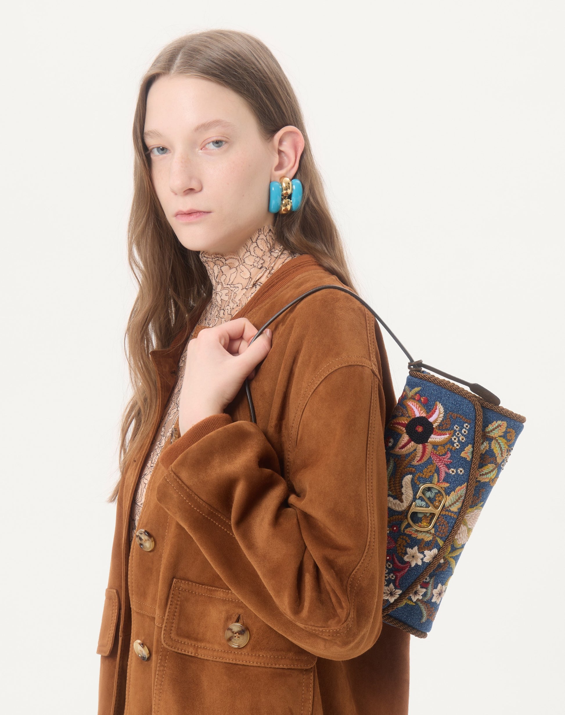 Valentino Garavani Devain Small Shoulder Bag In Embroidered Denim