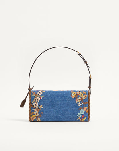 Valentino Garavani Devain Small Shoulder Bag In Embroidered Denim