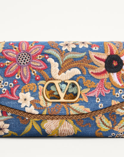 Valentino Garavani Devain Small Shoulder Bag In Embroidered Denim
