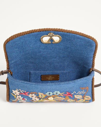 Valentino Garavani Devain Small Shoulder Bag In Embroidered Denim