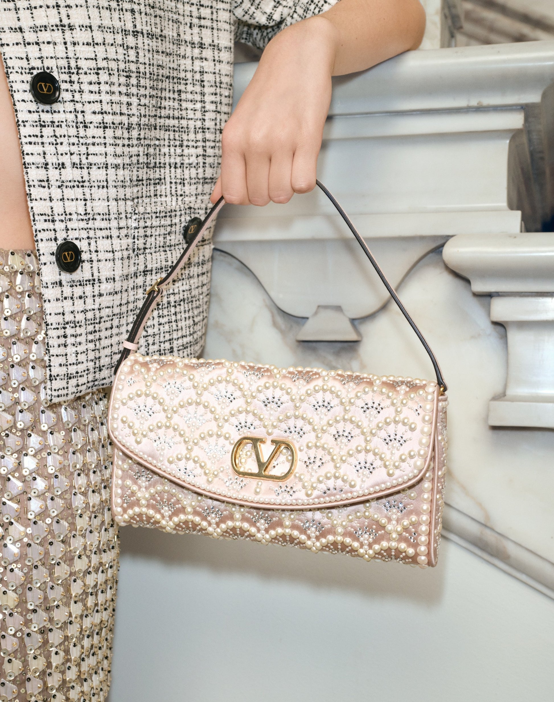 Valentino Garavani Devain Small Shoulder Bag With Pearls And Rhinestones