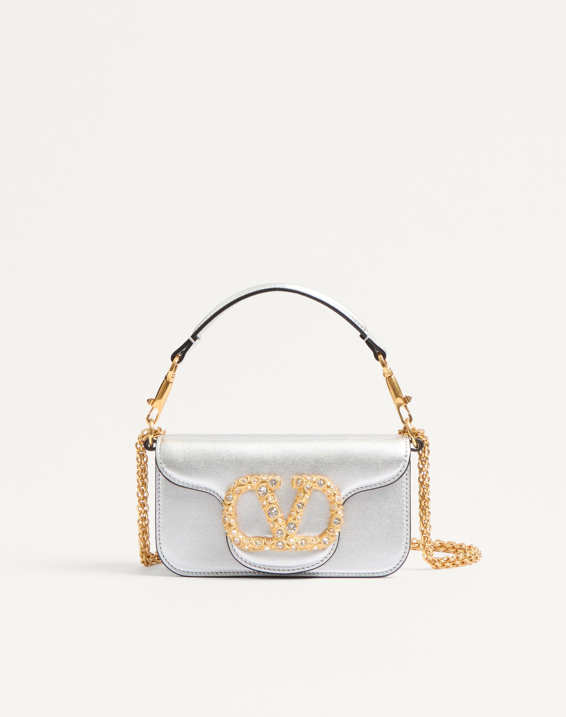 Valentino Garavani Locò Small Shoulder Bag In Laminated Calfskin With Jewel Logo