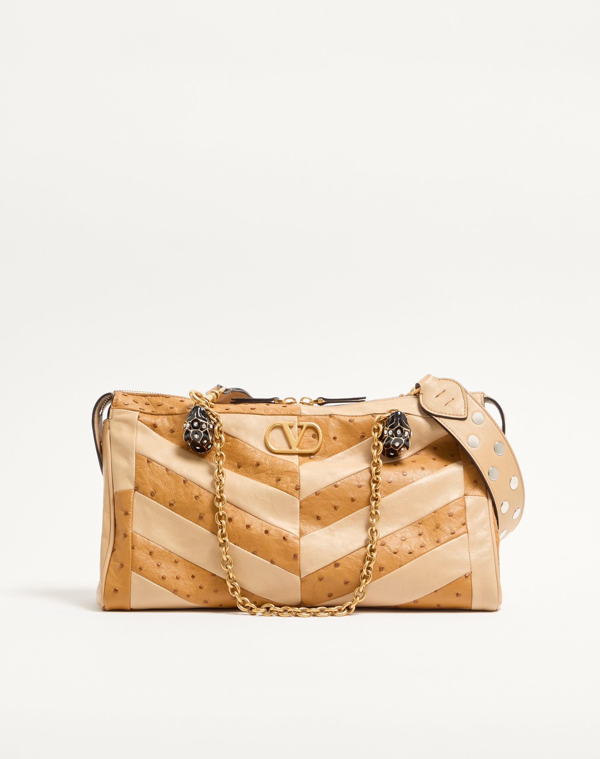 Valentino Garavani Panthea Medium Shoulder Bag In Ostrich And Nappa Leather With A Chevron Pattern